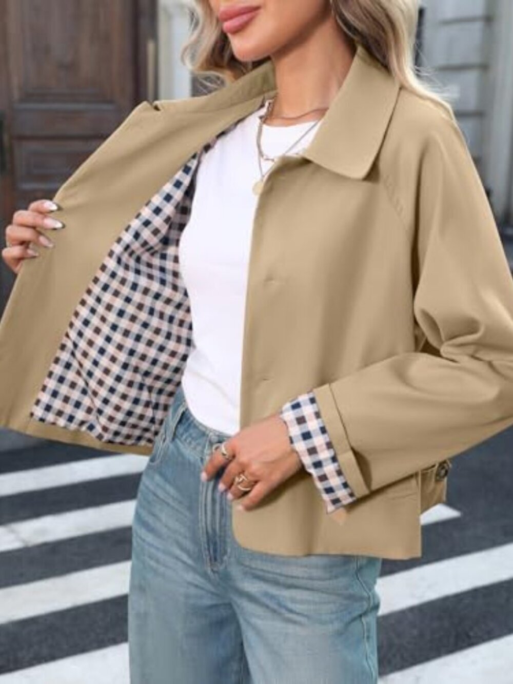 ๐ Women Crop Trench Coat Single Breasted Check Lining Lightweight Barn Jackets - Picture 6 of 6